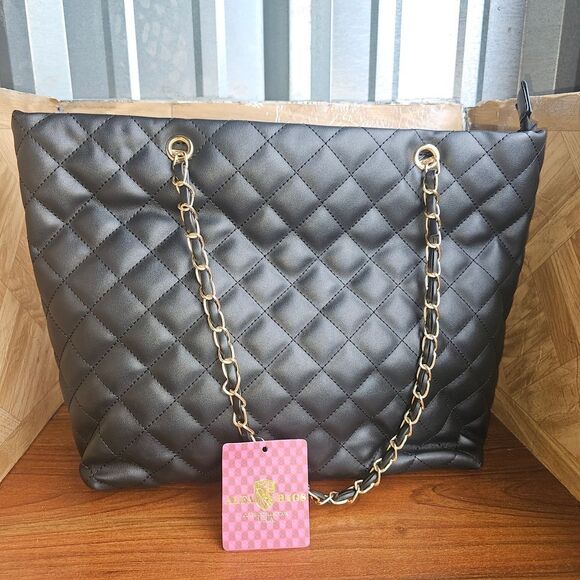 Brand New Black Quilted Leather Shoulder Bag with Chain Strap - Picture 1 of 3